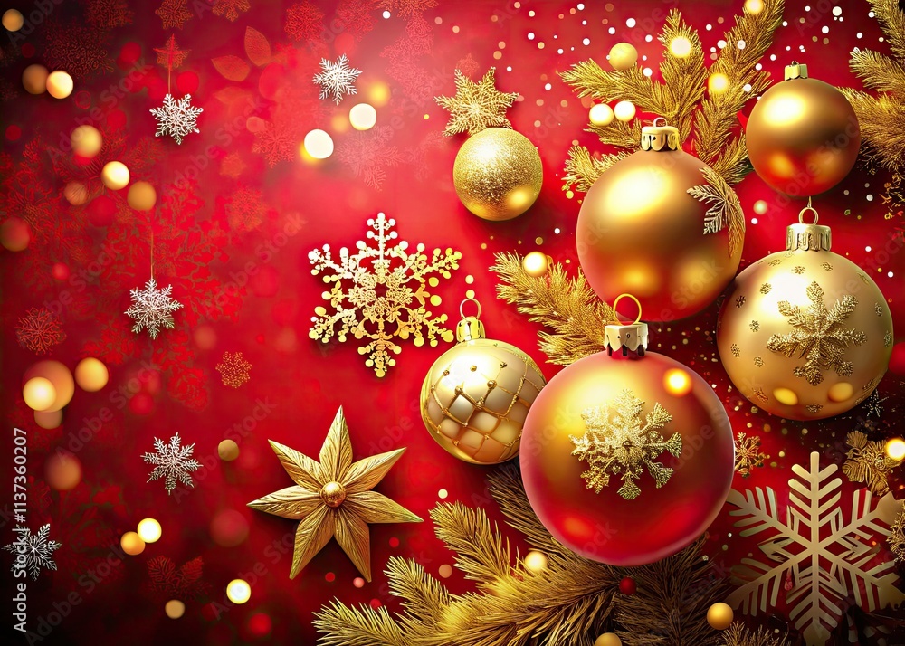 Red backdrop, gold ornaments gleam, festive snowflakes adorn a Christmas photo, perfect holiday wallpaper. Red backdrop, gold ornaments gleam, festive snowflakes adorn a Christmas photo, perfect holiday wallpaper.