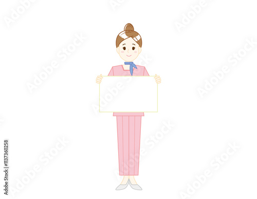 パンツスタイルで接客する女性のイラスト　美容アドバイススタッフ