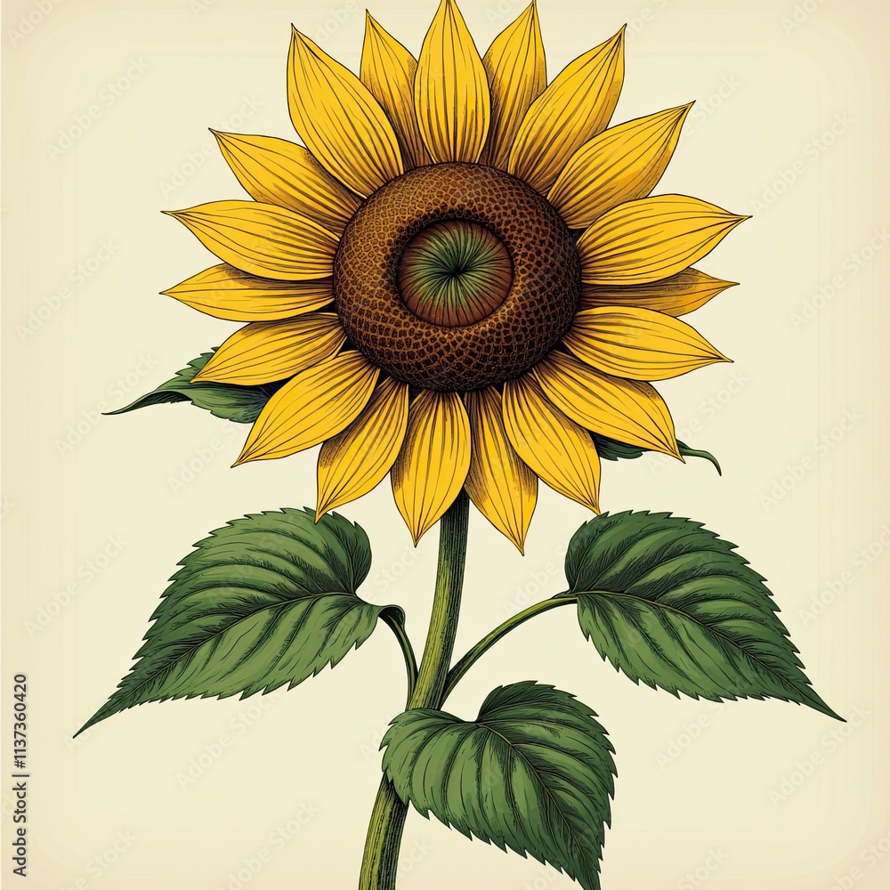 Fototapeta premium Blooming sunflower illustration in detailed vintage engraving, great for wall decor.