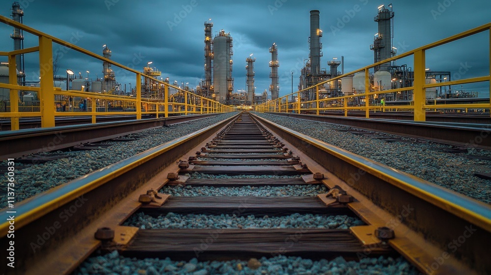 Fototapeta premium Railroad Tracks Leading to Oil Refinery at Dusk