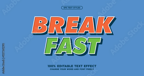 Break Fast: Retro vintage text styles. Multi-colored typography with blue background. Editable font in vector format. 