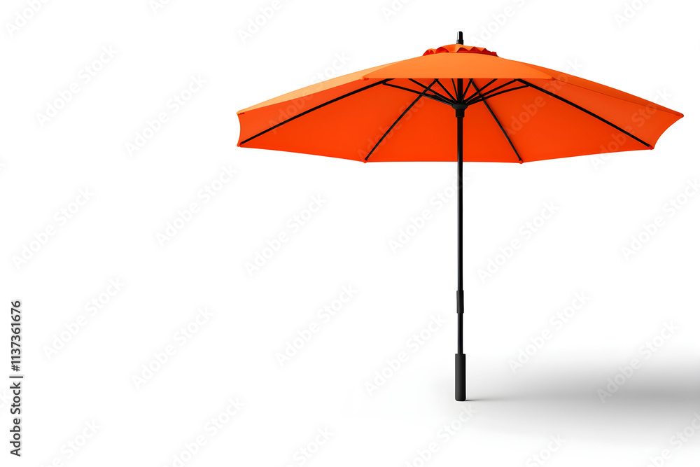 Bright Orange Beach Umbrella with Black Stand on a Minimalist Background for Summer Relaxation and Outdoor Adventures Bright Orange Beach Umbrella with Black Stand on a Minimalist Background for Summer Relaxation and Outdoor Adventures