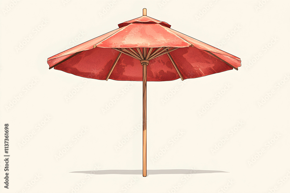 Obraz premium Bright Red Umbrella with Wooden Pole Isolated on Light Background for Summer or Beach Themes
