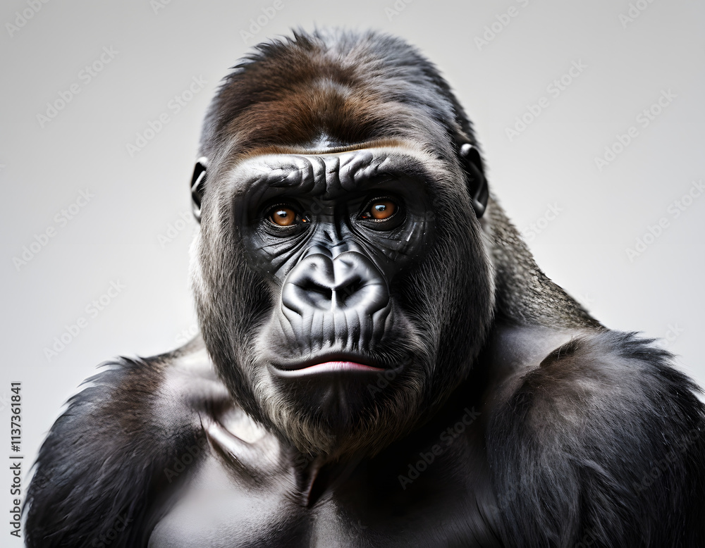 The somber eyes of the gorilla speak of unspoken pain. The somber eyes of the gorilla speak of unspoken pain.