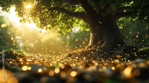 A 3D investment graph with tiny seeds growing into tall dollar trees, vibrant green tones highlighting the foliage, golden light illuminating the scene, intricate textures on the bark and leaves, photo