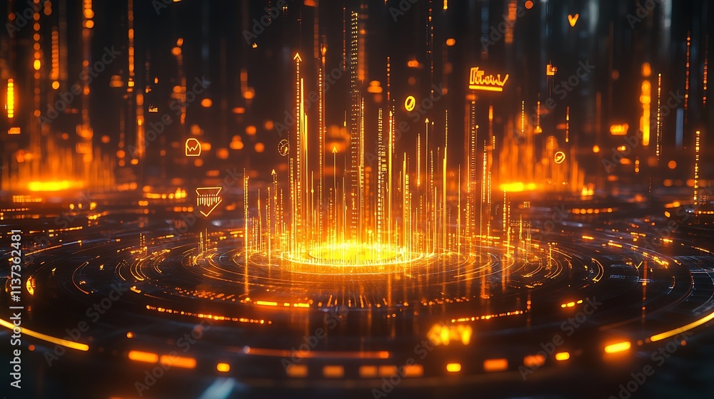 A bold 3D financial graph crafted from glowing gold, with sharp upward arrows highlighted by dynamic lighting, surrounded by floating stock market symbols, A bold 3D financial graph crafted from glowing gold, with sharp upward arrows highlighted by dynamic lighting, surrounded by floating stock market symbols,