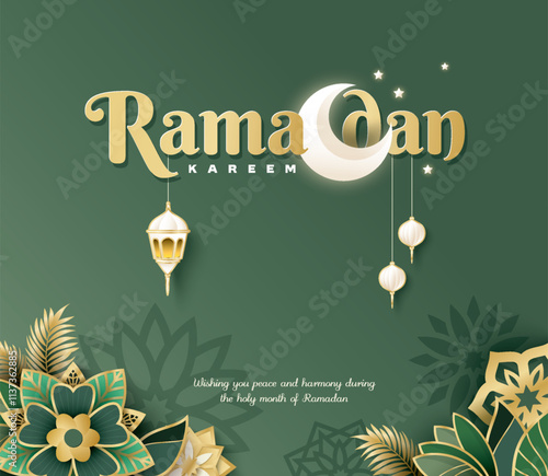 Islamic festival poster background design with flower, arabic calligraphy, crescent moon and lantern. Suitable for Ramadan Kareem , Hari Raya, Eid Mubarak, Eid al Adha.