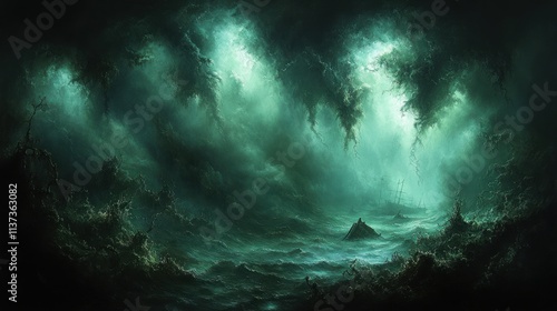 Wallpaper Mural A dark, turbulent ocean scene with ominous waves and a distant shipwreck. Torontodigital.ca