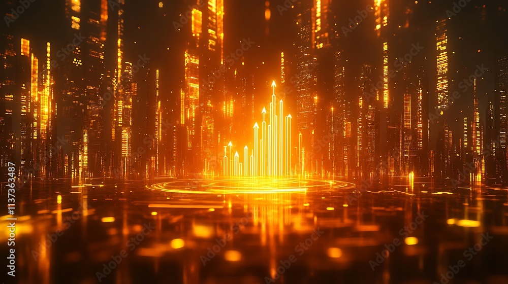 A conceptual 3D rendering of a golden business chart with ascending arrows, glowing softly in a vibrant financial setting, surrounded by stock market indicators, dynamic reflections, A conceptual 3D rendering of a golden business chart with ascending arrows, glowing softly in a vibrant financial setting, surrounded by stock market indicators, dynamic reflections,