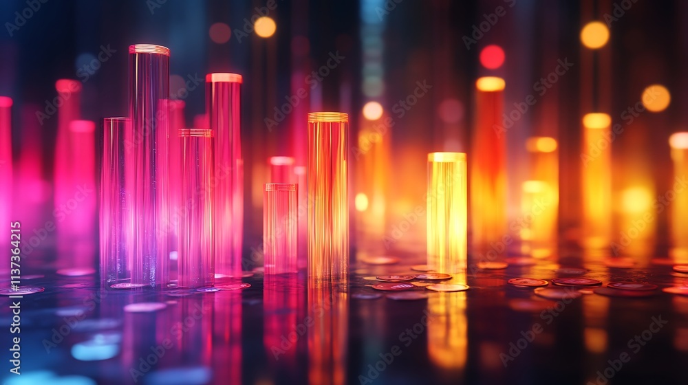 A conceptual financial graph with vertical bars made of glowing currency coins, shining under dynamic neon lights, set on a dark reflective surface with high-tech digital elements in the background. A conceptual financial graph with vertical bars made of glowing currency coins, shining under dynamic neon lights, set on a dark reflective surface with high-tech digital elements in the background.