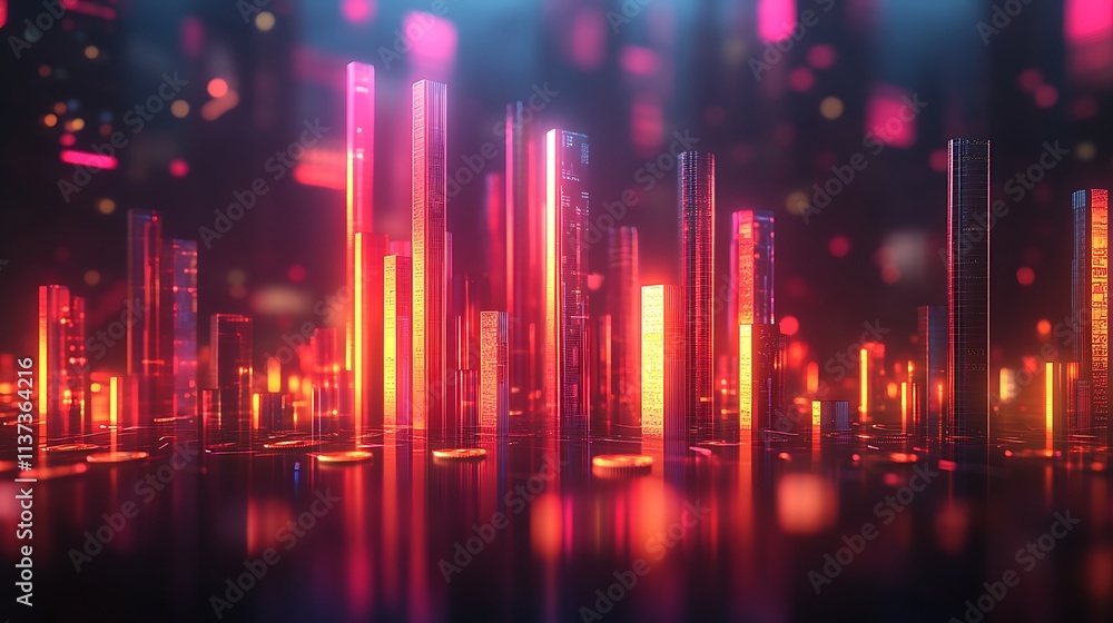 A conceptual financial graph with vertical bars made of glowing currency coins, shining under dynamic neon lights, set on a dark reflective surface with high-tech digital elements in the background. A conceptual financial graph with vertical bars made of glowing currency coins, shining under dynamic neon lights, set on a dark reflective surface with high-tech digital elements in the background.