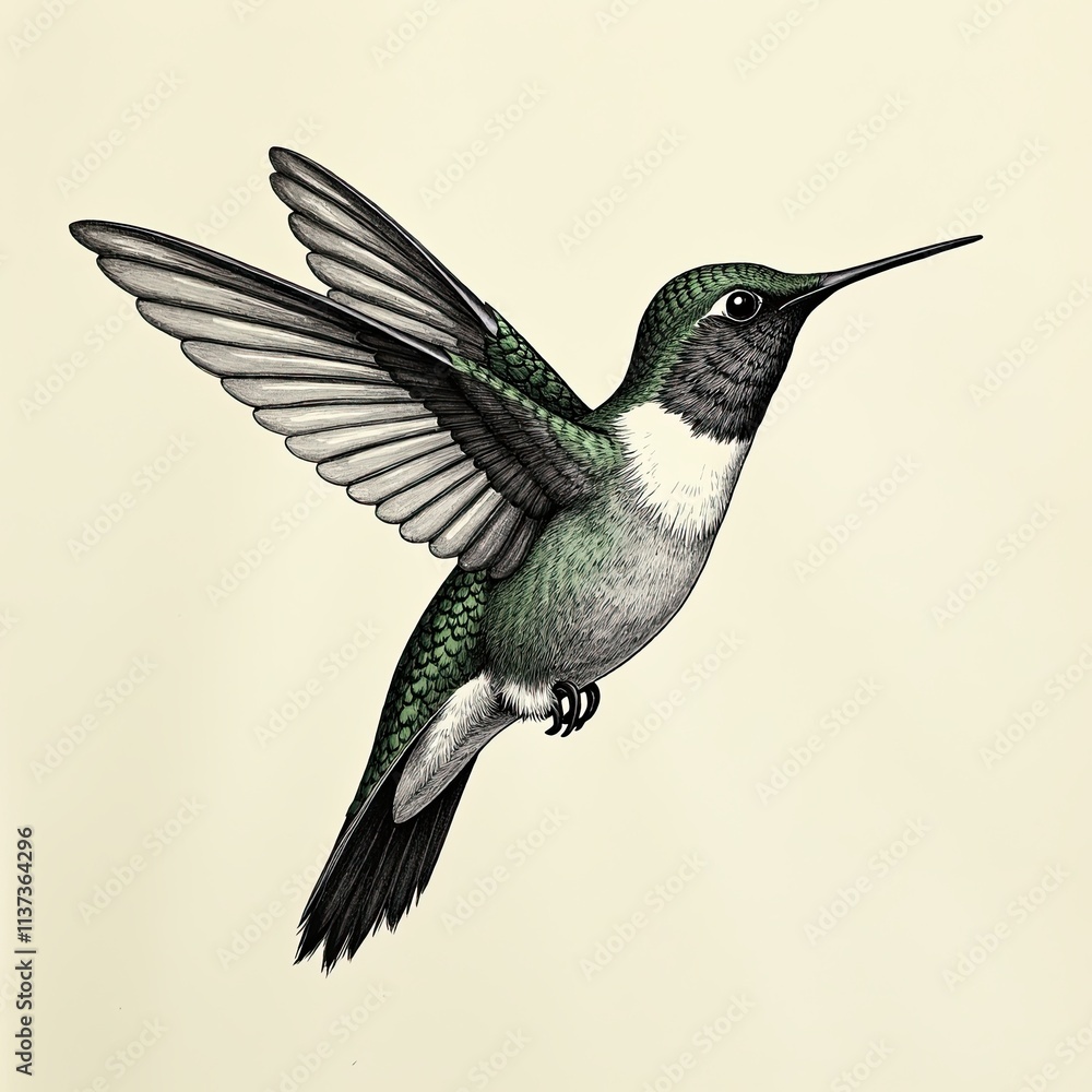 Fototapeta premium Delicate hummingbird in flight, hand-drawn engraving for nature-themed wall art.