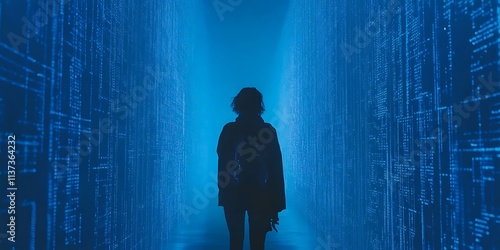 Silhouette of a woman walking through a digital tunnel of binary code,representing the concept of navigating the complex world of technology and data