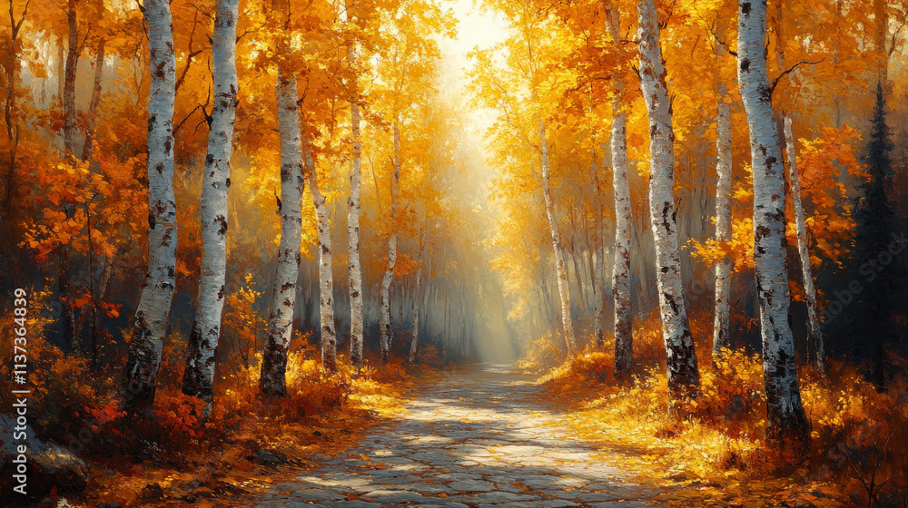 Obraz premium In autumn, birch trees grow golden leaves