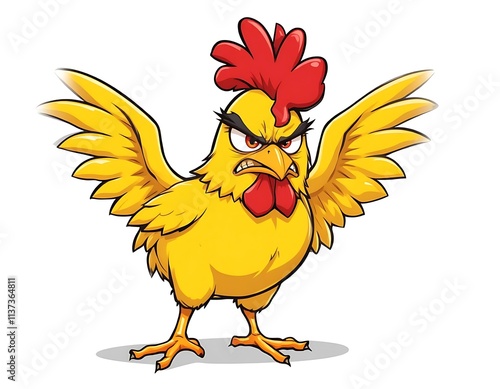 A vibrant and humorous illustration of a cartoonish chicken with a grumpy expression