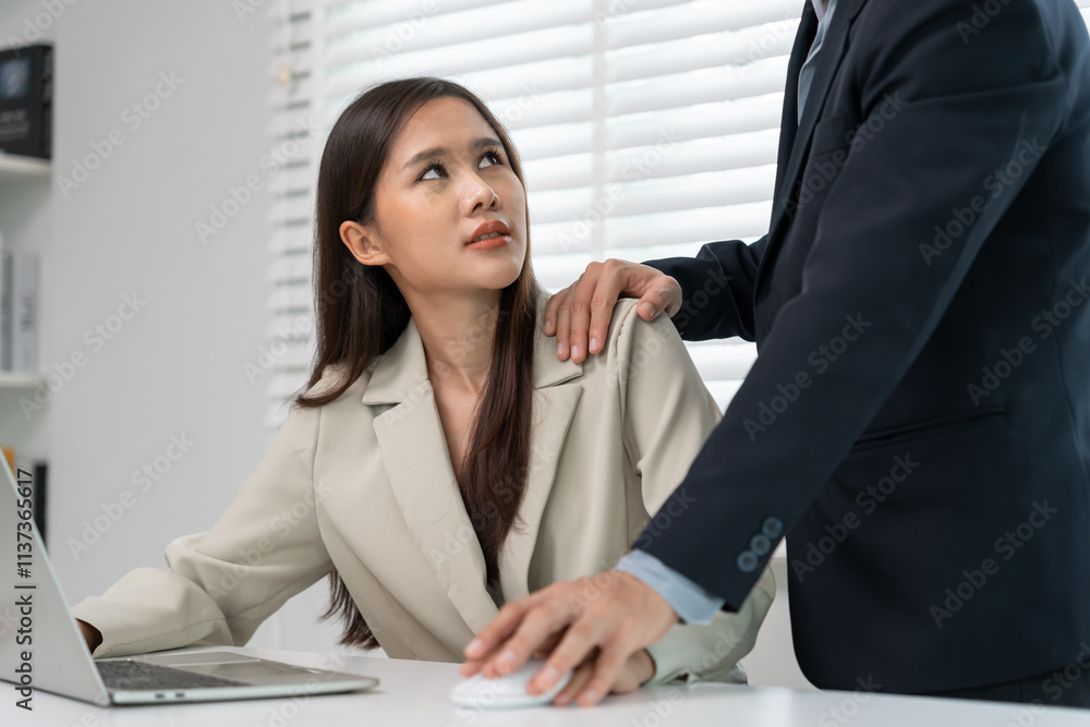Manager or senior sexually harassed a female colleague by touch her hand. Sexual harassment in office. feel anxious and stressed from being harassed. molest, assault, inappropriate, discrimination