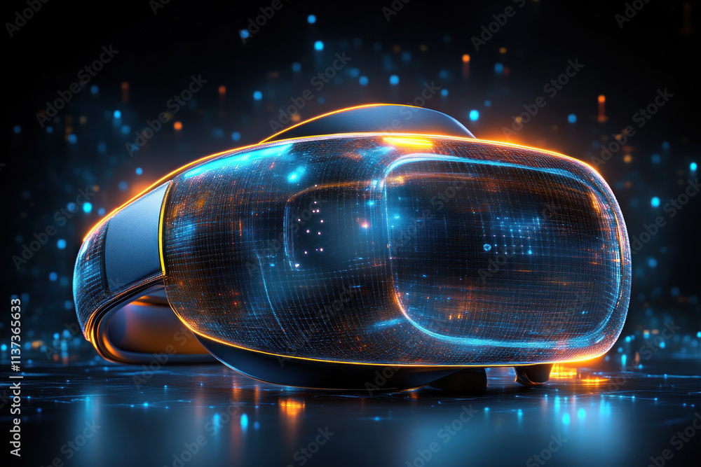 Futuristic VR headset with glowing lights and digital particles. Futuristic VR headset with glowing lights and digital particles.