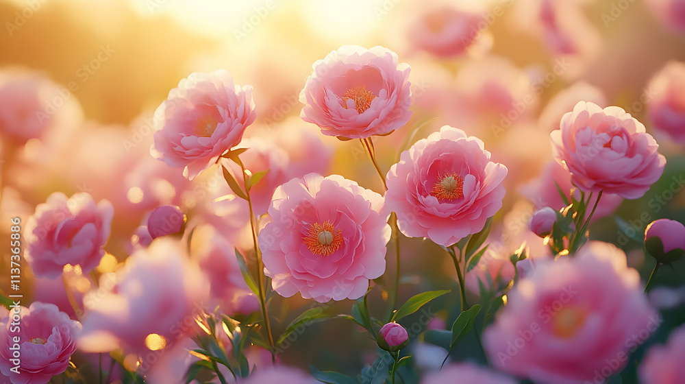 Obraz premium Pink Peonies Blooming in Golden Sunlight - Realistic Image