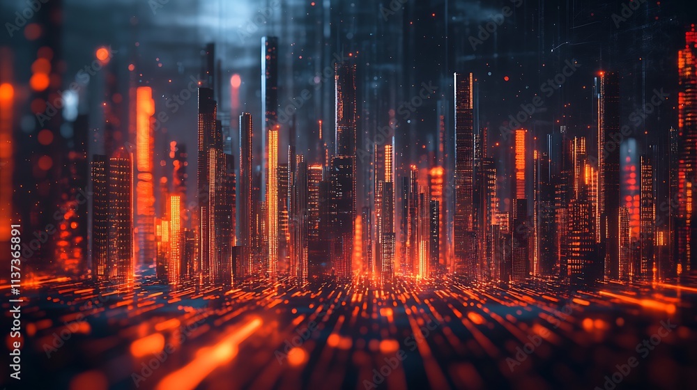 A detailed 3D bar graph transformed into futuristic skyscrapers, glowing data streams weaving between them, set in a sleek urban environment with reflective surfaces and soft neon accents. --ar 16:9 A detailed 3D bar graph transformed into futuristic skyscrapers, glowing data streams weaving between them, set in a sleek urban environment with reflective surfaces and soft neon accents. --ar 16:9