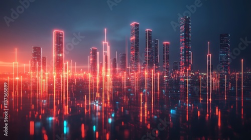 Wallpaper Mural A detailed 3D bar graph transformed into futuristic skyscrapers, glowing data streams weaving between them, set in a sleek urban environment with reflective surfaces and soft neon accents. --ar 16:9 Torontodigital.ca