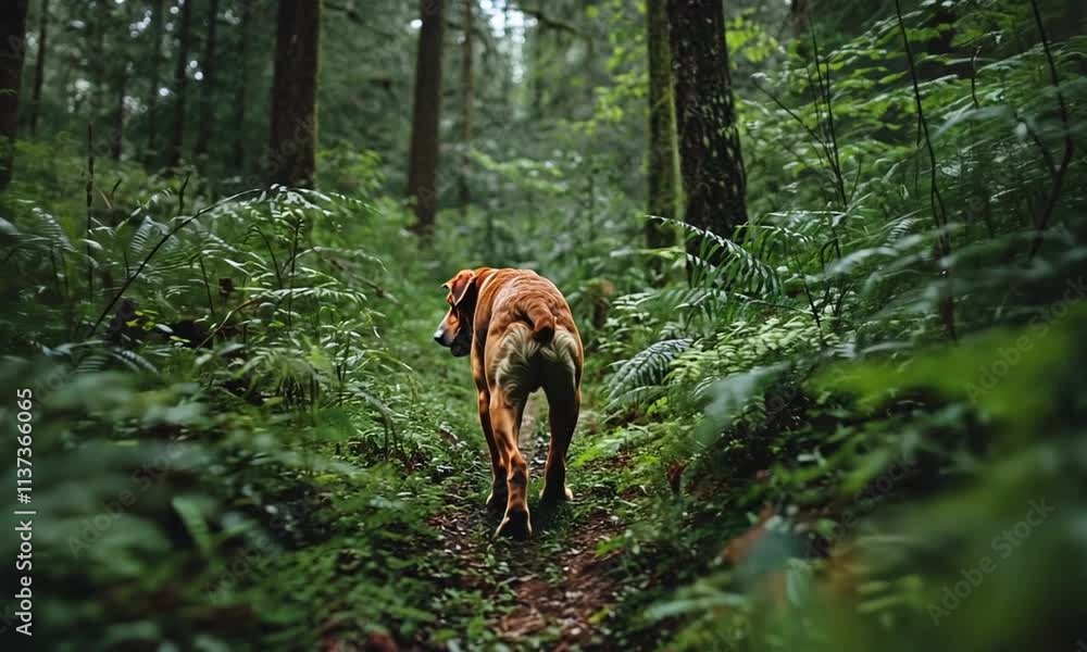 A dog walking through a lush, green forest path surrounded by trees and ferns. A dog walking through a lush, green forest path surrounded by trees and ferns.