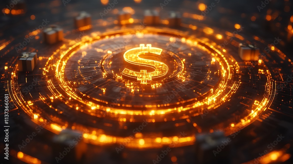 A detailed 3D pie chart with glowing dollar signs embedded in each segment, money bags arranged neatly around the edges, illuminated by soft golden light, A detailed 3D pie chart with glowing dollar signs embedded in each segment, money bags arranged neatly around the edges, illuminated by soft golden light,