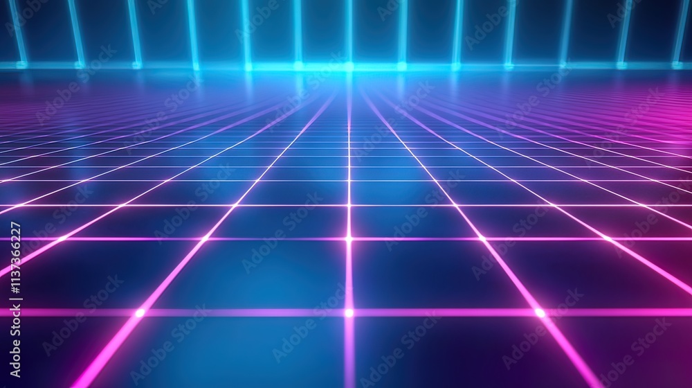Futuristic grid with vibrant neon blue and pink lights, creating a dynamic, otherworldly atmosphere. Futuristic grid with vibrant neon blue and pink lights, creating a dynamic, otherworldly atmosphere.