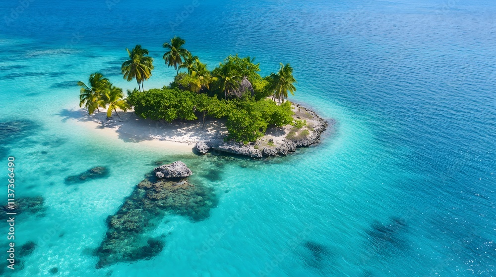 island in the middle of clear blue water, with palm trees and colorful fish swimming around it. Generative AI