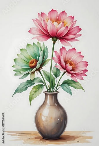 Wallpaper Mural A watercolor-inspired illustration of three flowers in a vase Torontodigital.ca