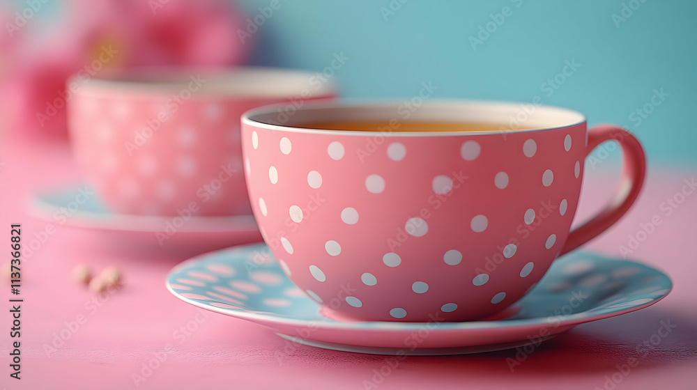 Polka Dot Teacup and Saucer on Pink Surface Illustration Polka Dot Teacup and Saucer on Pink Surface Illustration