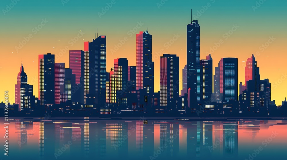 Obraz premium Spectacular Cityscape at Sunset A Stunning Panorama of Modern Architecture for Urban Design, Real Estate, and Travel Projects