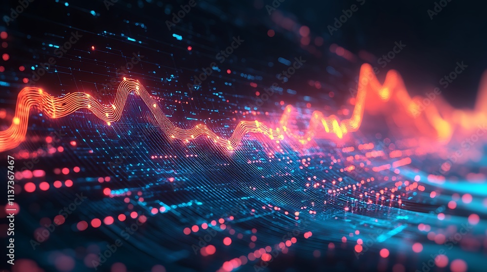 Fototapeta premium A dynamic holographic graph with glowing data points suspended in mid-air, surrounded by digital interfaces, vibrant neon light trails,