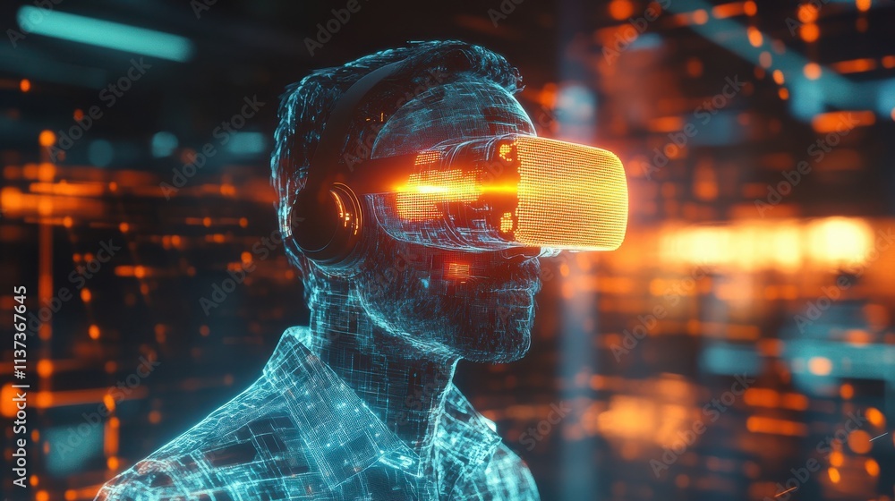 Man immersed in virtual reality experience with glowing headset Man immersed in virtual reality experience with glowing headset