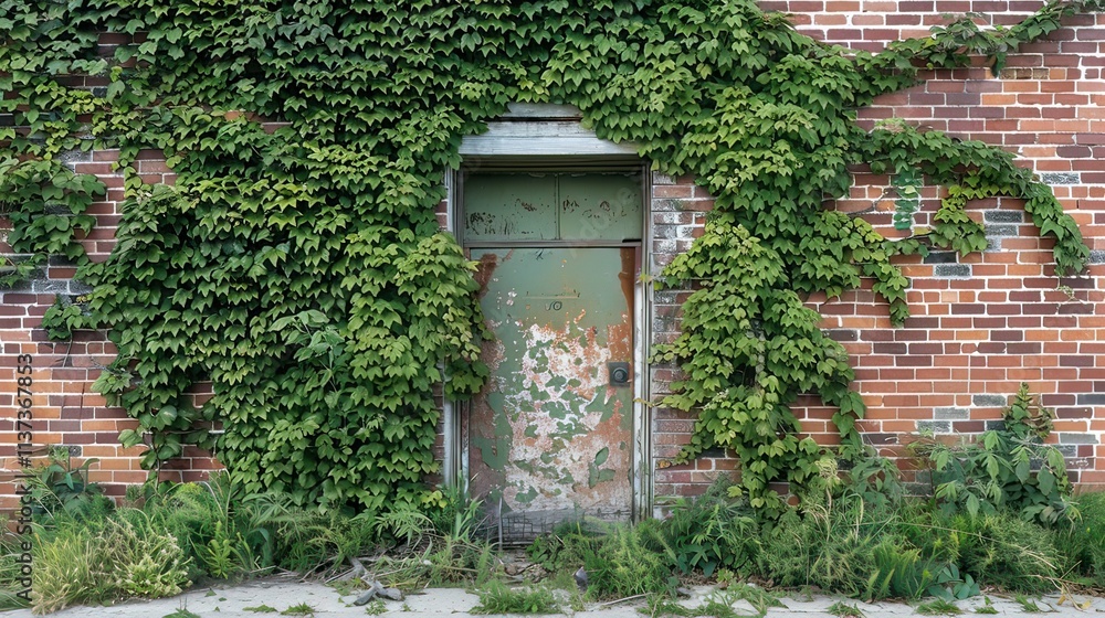 A brick-clad historical building exterior with ivy growing up its facade. A brick-clad historical building exterior with ivy growing up its facade.