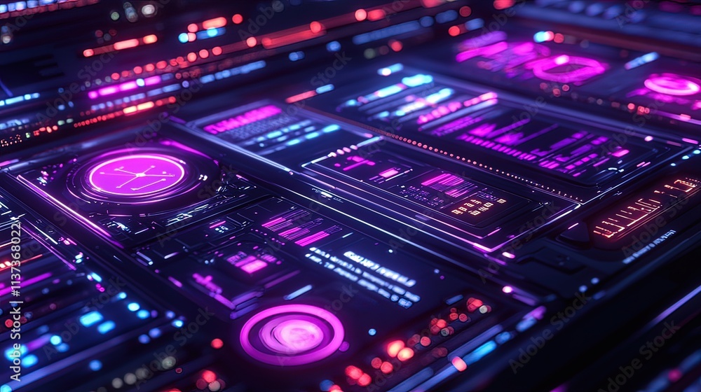Futuristic neon digital interface with glowing panels and data displays. Futuristic neon digital interface with glowing panels and data displays.