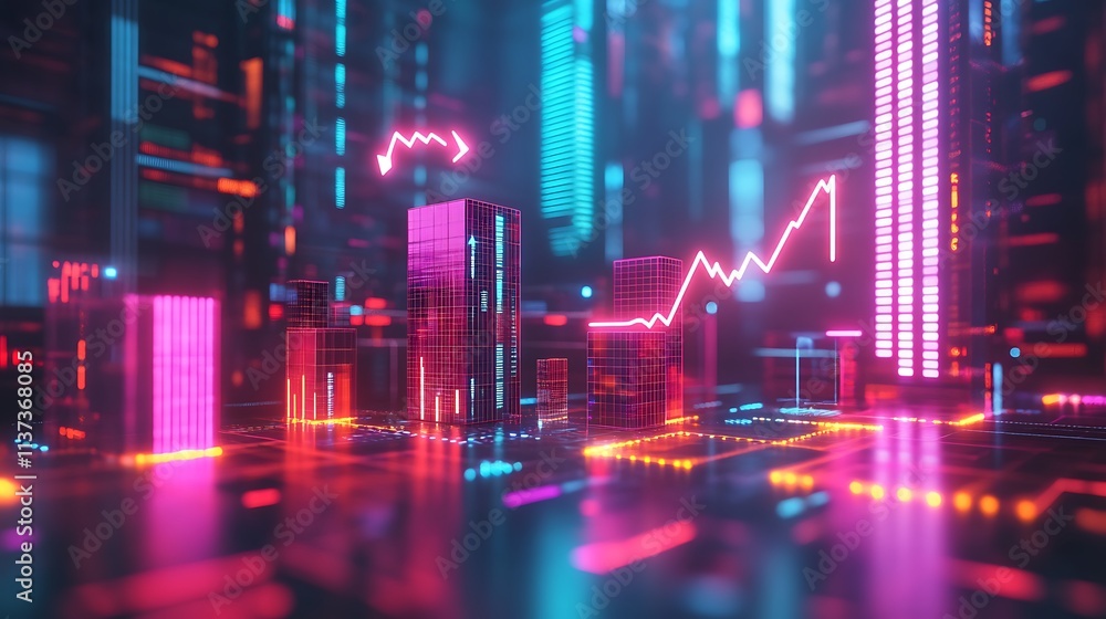 A futuristic abstract business graph featuring stacked multicolored cubes, glowing financial icons like stock arrows and currency symbols hovering nearby, A futuristic abstract business graph featuring stacked multicolored cubes, glowing financial icons like stock arrows and currency symbols hovering nearby,