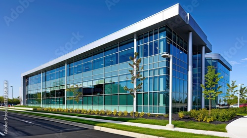 Wallpaper Mural A modern office building exterior with large glass windows under a clear blue sky. Torontodigital.ca
