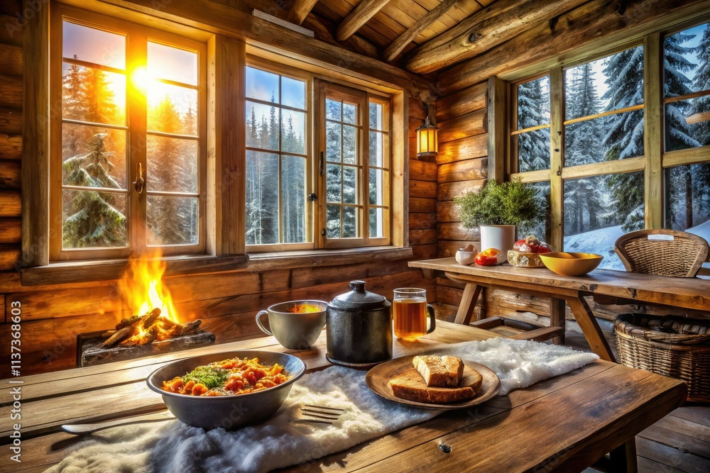 Fototapeta premium Snowy forest view, cozy log cabin: wood stove warmth, delicious food photography.