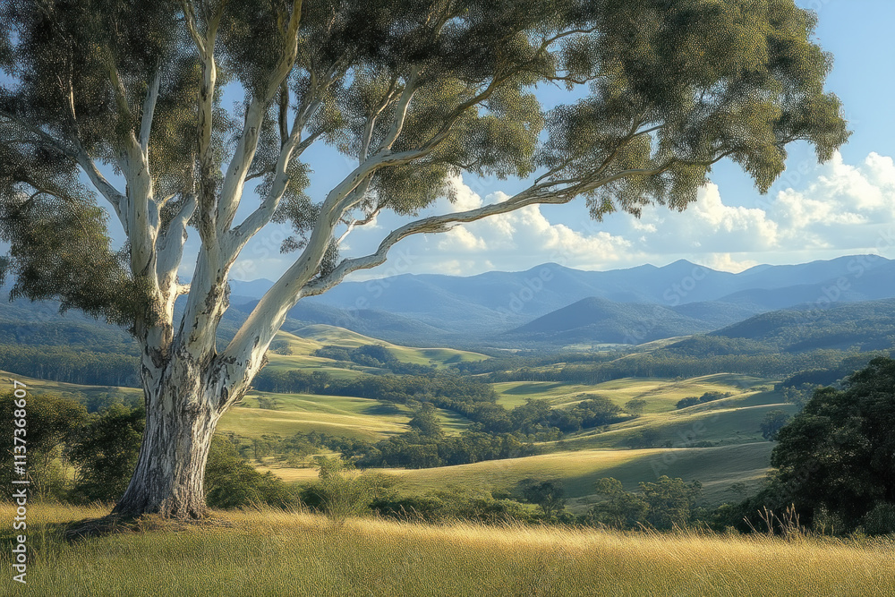 Majestic eucalyptus tree overlooking a serene valley and rolling hills. Majestic eucalyptus tree overlooking a serene valley and rolling hills.