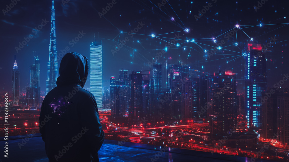 Fototapeta premium Hacker are planning to hack and attack networks and cyber security , innovative Smart city and graphs with statistics to analyze business potential and predict future developments in company growth
