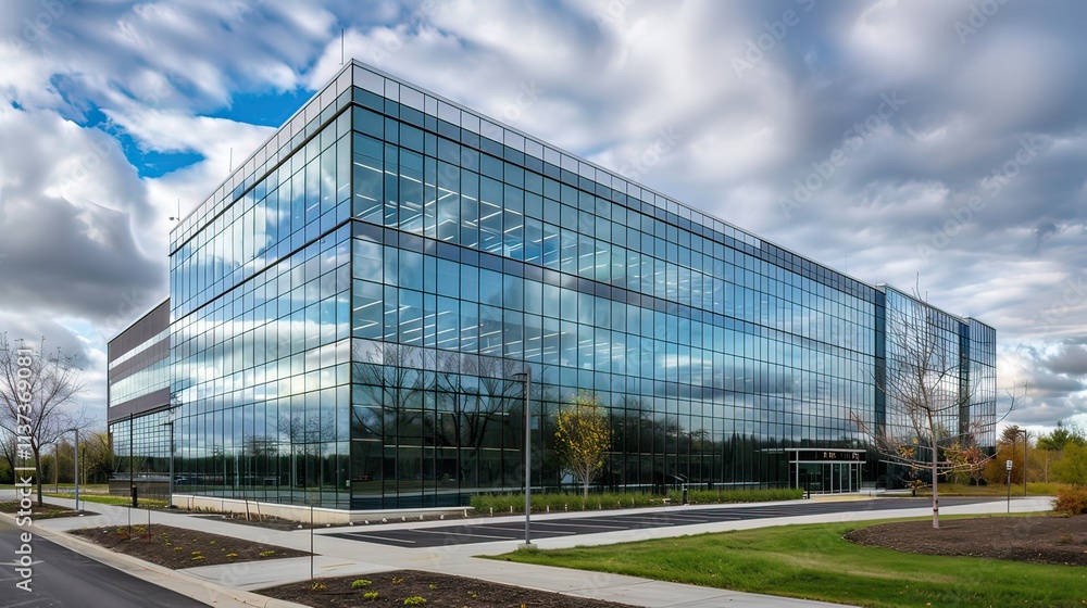 A sleek office building exterior made of reflective glass under a cloudy sky. A sleek office building exterior made of reflective glass under a cloudy sky.