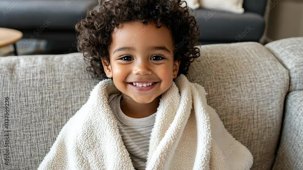 Happy child wrapped in a cozy blanket sitting on a sofa at home during a cozy afternoon Happy child wrapped in a cozy blanket sitting on a sofa at home during a cozy afternoon