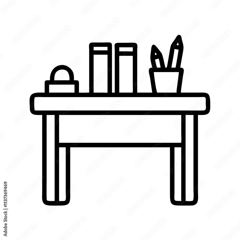 Fototapeta premium teacher s desk with supplies icon, teachers’ day line art, teachers day icon - simple black line art icon of teacher s desk with supplies, for teachers’ day celebrations. teachers day vector art.