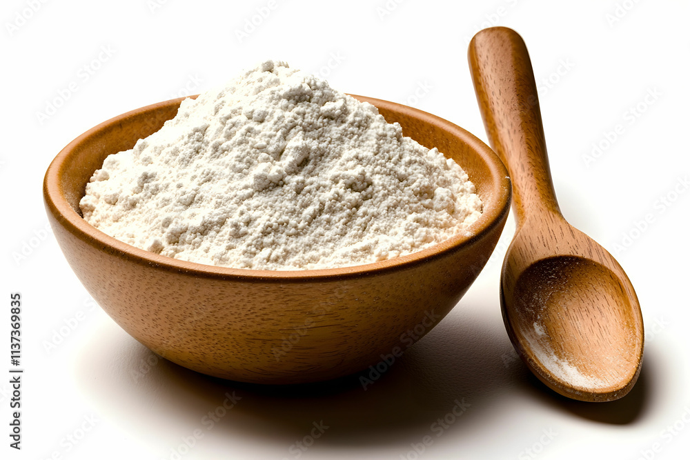Fine white flour in a wooden bowl with a wooden spoon isolated on a white background for culinary and baking purposes Fine white flour in a wooden bowl with a wooden spoon isolated on a white background for culinary and baking purposes