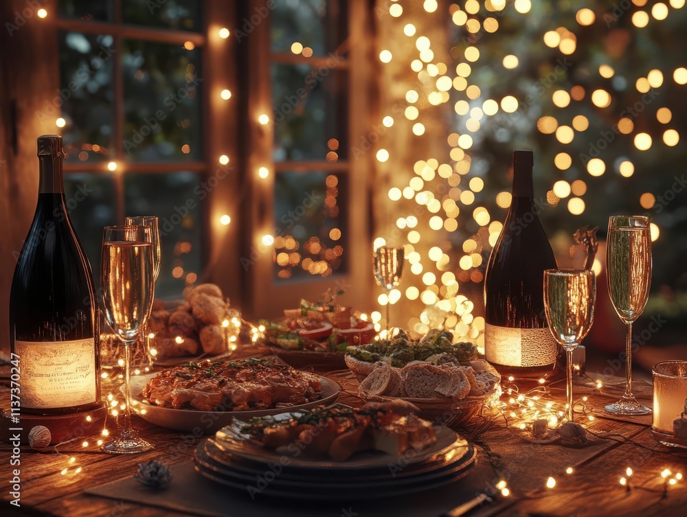 Showcase a celebratory table with gourmet dishes, champagne, glowing fairy lights, laughter, and a hyper-realistic, warm celebratory vibe Showcase a celebratory table with gourmet dishes, champagne, glowing fairy lights, laughter, and a hyper-realistic, warm celebratory vibe