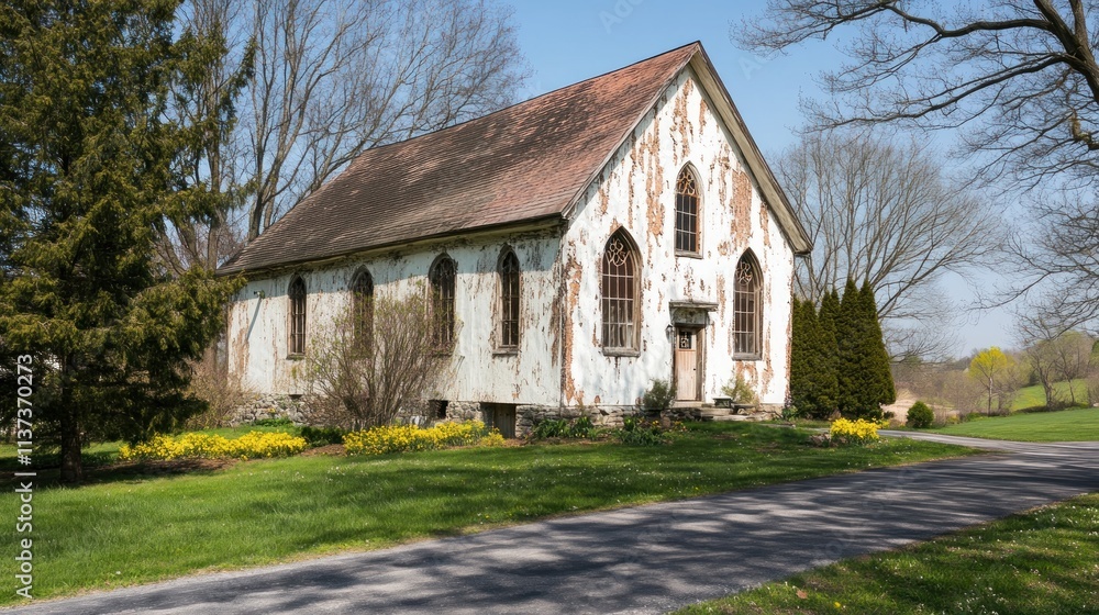 An old, weathered church building surrounded by greenery and blooming flowers. An old, weathered church building surrounded by greenery and blooming flowers.
