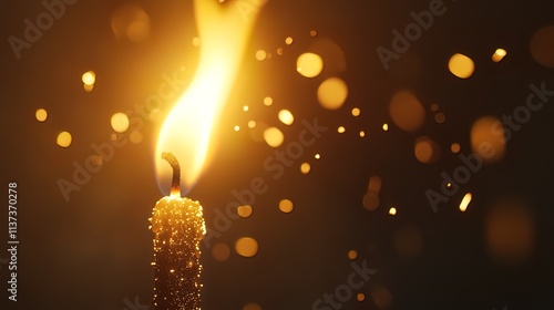 Glowing candle flame with golden sparks and bokeh. photo