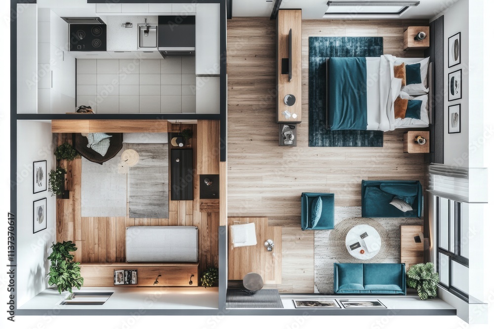 Modern Studio Apartment Bird's Eye View, Minimalist Interior Design Modern Studio Apartment Bird's Eye View, Minimalist Interior Design