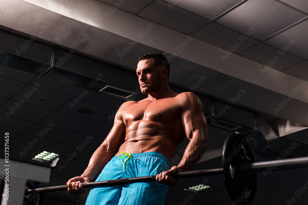 Fit man doing biceps lifting barbell. Strong muscular man in crossfit gym. Workout lifestyle concept. Handsome man doing functional training workout. Fit man doing biceps lifting barbell. Strong muscular man in crossfit gym. Workout lifestyle concept. Handsome man doing functional training workout.