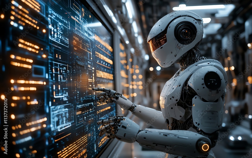 AI humanoid robot interacting with complex tech in a futuristic lab AI humanoid robot interacting with complex tech in a futuristic lab